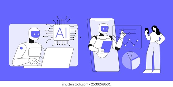 Robô pessoal para assistência às pessoas. Tecnologia de inteligência artificial com serviço de ajuda, ilustração vetorial plana.