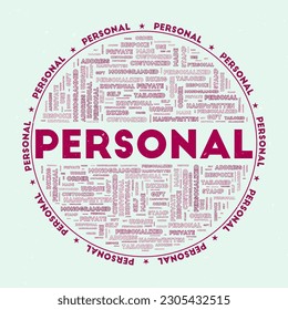 Personal - round badge. Text personal with keywords word clouds and circular text. Raspberry color theme and grunge texture. Beautiful vector illustration.