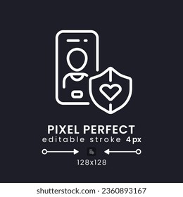 Personal Safety app white linear desktop icon on black. Prevent violence. Private security. Pixel perfect 128x128, outline 4px. Isolated user interface symbol for dark theme. Editable stroke