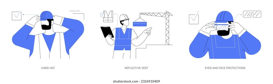 Personal safety gear at construction site abstract concept vector illustration set. Hard hat, reflective vest, eyes and face protections, contractor uniform, protected lenses abstract metaphor.