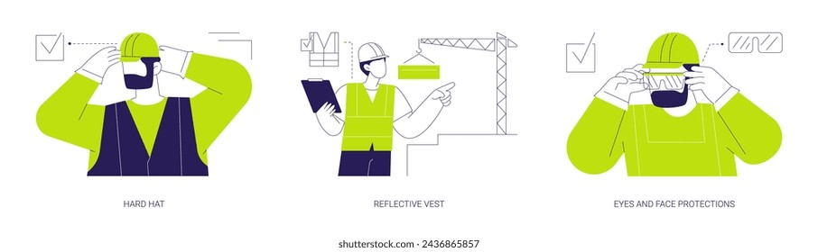 Persönliche Sicherheitsausrüstung auf der Baustelle abstraktes Konzept Vektor-Illustrations-Set. Hard Hat, reflektierende Weste, Augen- und Gesichtsschutz, Fachmann-Uniform, geschützte Linsen abstrakte Metapher.