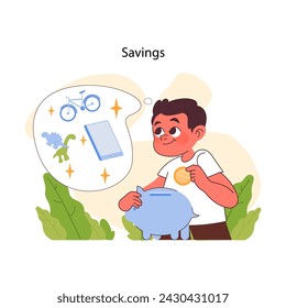 Personal savings concept. Cheerful boy deposits coin in piggybank, dreaming of future toy purchases. Teaching kids value of saving. Learning to manage pocket money. Flat vector illustration