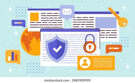 Persönliches Sicherheitskonzept. Daten und Ordner mit Dokumenten unter Schloss und Schlüssel. Virenschutz und Informationsschutz vor Hackern. Corporate Sound-Netzwerk, elektronisch archivier. flache Vektorillustration