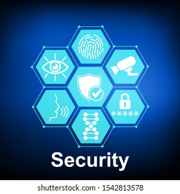 Personal security concept. Security icons set collection: security camera, access code, dna, voice, eye, fingerprints - stock vector