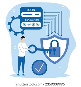 Personal security illustration.A hacker character is trying to break personal data security services.Vector Illustration.