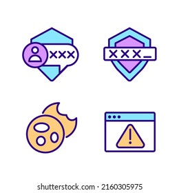 Personal security on internet pixel perfect RGB color icons set. Messages encryption. Browser cookies. Isolated vector illustrations. Simple filled line drawings collection. Editable stroke