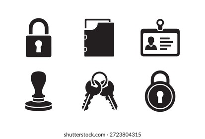 Personal security silhouette icons set of lock, keys, id card, folder, stamp