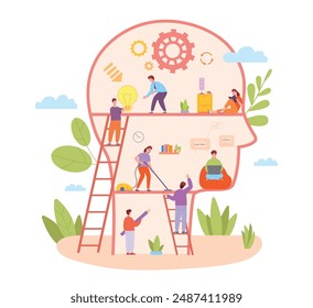 Personal self knowledge. Psychology development workshop, self growth skill mental mind improvement concept small people fulfillment idea order in abstract head vector illustration