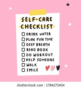 Personal self-care checklist. Illustration on pink background.