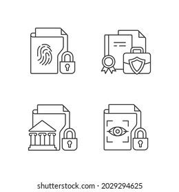 Conjunto de iconos lineales de datos confidenciales. Información comercial. Material del gobierno. Datos biométricos. Símbolos de contorno de línea delgada personalizables. Ilustraciones aisladas del contorno vectorial. Trazo editable