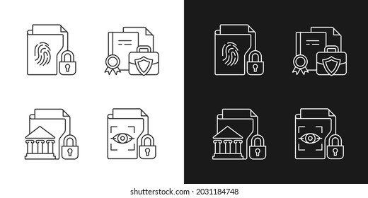 Personal sensitive data linear icons set for dark and light mode. Business information. Government material. Customizable thin line symbols. Isolated vector outline illustrations. Editable stroke