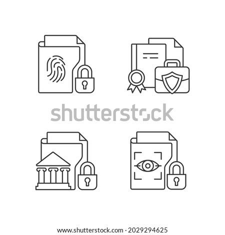 Personal sensitive data linear icons set. Business information. Government material. Biometric data. Customizable thin line contour symbols. Isolated vector outline illustrations. Editable stroke