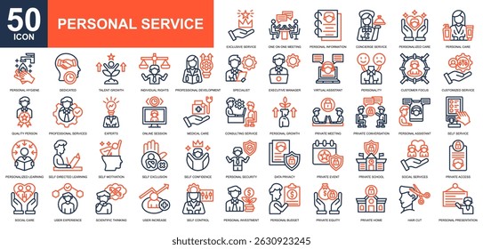 Personal Service icon collection set. Personal Care, Self Service, Personal Hygiene, Personal Growth, Self Control icon. Simple line color vector.