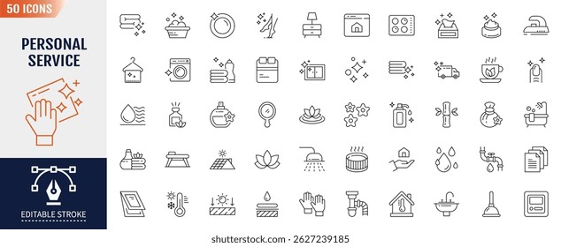 Personal service line editable icon set. Containing Clean, home, room, salon, spa and more. Vector illustration