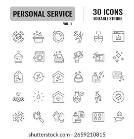 Conjunto de ícones editáveis da linha de serviço pessoal. Contendo Limpo, casa, quarto, salão, spa e muito mais. Ilustração vetorial