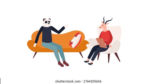 Personal session with a psychotherapist background. Modern illustration slider site page. Concept of a Panda on reception . Web banner psychologist wants to help their patients. Vector design image.