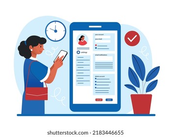 Personal settings concept. Woman with smartphone in hands enters personal data in application, setting up account for herself and saving changes. Modern technologies. Cartoon flat vector illustration