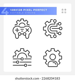 Personal settings pixel perfect gradient linear vector icons set. Game customization. Account changes. Thin line contour symbol designs bundle. Isolated outline illustrations collection