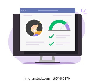 Personal skills data info, credit score history idea check online, financial rating inspection report web digital review on computer pc flat cartoon illustration