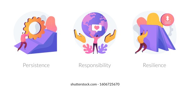 Personal skills development. Self growth and motivation. Career coaching, business training. Persistence, responsibility, resilience metaphors. Vector isolated concept metaphor illustrations.