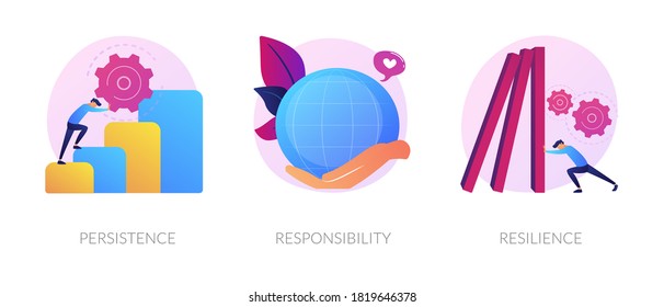Personal skills development. Self growth and motivation. Career coaching, business training. Persistence, responsibility, resilience metaphors. Vector isolated concept metaphor illustrations.