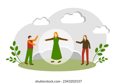 Personal space. Personal boundaries. The woman keeps other people at a distance. Vector illustration isolated on white background. Antisocial behavior