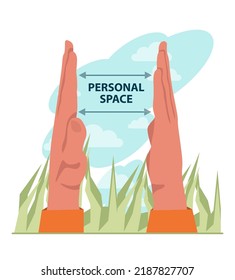 Personal space concept. Characters setting, protecting and violating personal boundaries during communication and social interactions. Proxemics, nonverbal communication. Flat vector illustration