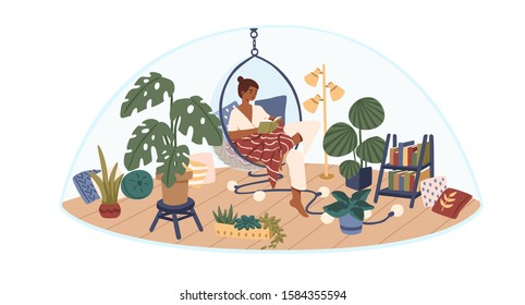 Personal space concept flat vector illustration. Selftime. Girl sitting in comfortable hanging chair, covered in blanket and reading book. Indoor garden, cute and comfy interior design.
