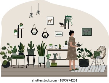 Personal space concept, flat vector illustration. Self time. The girl grows plants and flowers.   Indoor garden, comfortable interior design in khaki colors.