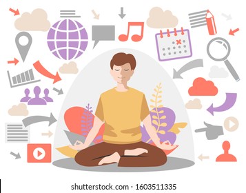 Personal space concept. Man introvert. Meditation, calm flat  male character, vector illustration. Information overload concept. Dome filter protects the man from unnecessary information.