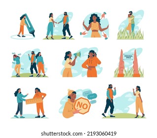 Personal space concept set. Characters setting, protecting and violating personal boundaries during communication and social interactions. Proxemics, nonverbal communication. Flat vector