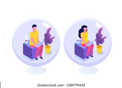 Personal space, introvert concept. Meditation, calm flat characters. Vector isometric illustration