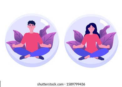 Personal space, introvert concept. Meditation, calm flat characters. Vector  illustration