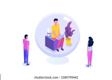 Personal Space, Introvert Concept. Meditation, Calm Flat Characters. Vector Isometric Illustration