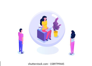 Personal space, introvert concept. Meditation, calm flat characters. Vector isometric illustration