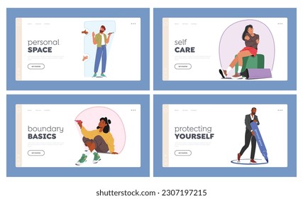 Personal Space Landing Page Template Set. Characters Drawing Boundary That Defines One's Physical And Emotional Comfort, Autonomy And Privacy In Social Interactions. Cartoon People Vector Illustration