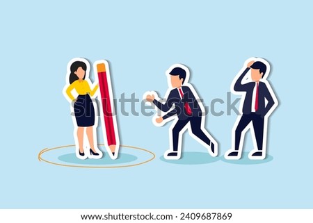 Personal space, privacy or work boundary to limit access and protect from people, introvert or safe zone concept, businesswoman using pencil to draw personal space circle to protect from coworkers.