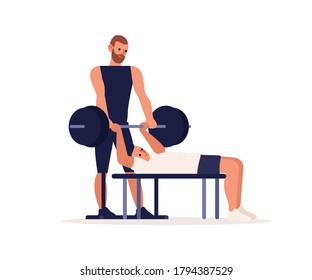 Personal sport trainer, coach man. Training sportsman, bodybuilding, physical exercise, chest press. Man lifting, pulling barbell, muscle pumping. Flat vector cartoon illustration isolated on white