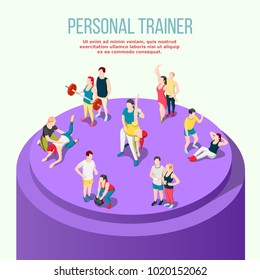 Personal sport trainer isometric composition with group of  instructor and their male and female adult pupils vector illustration