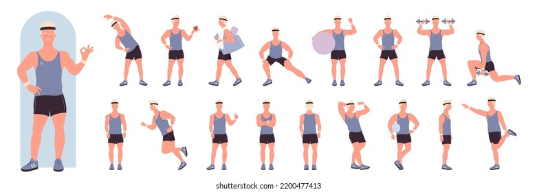 El entrenador deportivo personal posa frente, lado y atrás, la ilustración vectorial del conjunto de entrenamiento. Entrenamiento del instructor de fitness del hombre de dibujos animados, mostrando ejercicios físicos con dobleces, bola aislada en blanco