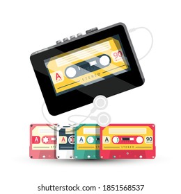 Personal Stereo - Retro Cassette Tape Player With Cassettes and Earphones Isolated on White Background - Vector