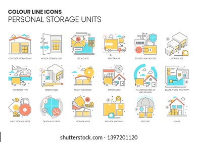 Personal storage unit related, color line, vector icon set for application and website development. The flat icon can be used as an illustration, background concept, graphics design, sign and symbol.