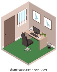 Personal study private office room. Computer, desk and chair. Isometric vector illustration