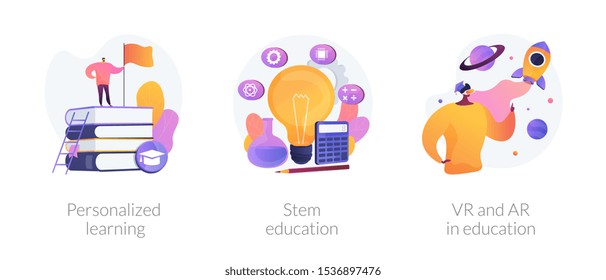 Programa de estudio personal, sistema académico, íconos de tecnología futurista. Aprendizaje personalizado, educación de tallos, VR y AR en metáforas educativas. Ilustraciones de metáforas conceptuales aisladas por vectores