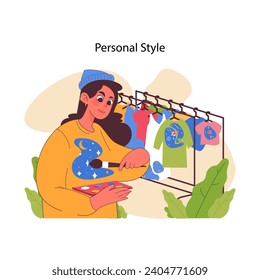 Personal style concept. Stylish individual curating wardrobe, painting clothes with personal touch. DIY unique garment, favorite pattern. Fashion meets creativity. Flat vector illustration