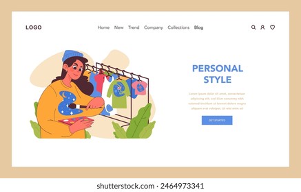 Personal style web or landing. Stylish individual curating wardrobe, painting clothes with personal touch. DIY unique garment, favorite pattern. Fashion meets creativity. Flat vector illustration