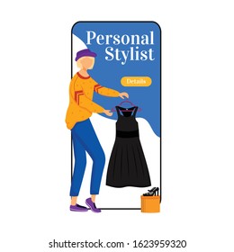 Personal stylist cartoon smartphone vector app screen. Picking right clothes. Choose new outfits. Mobile phone display with flat character design mockup. Fashion trends application telephone interface