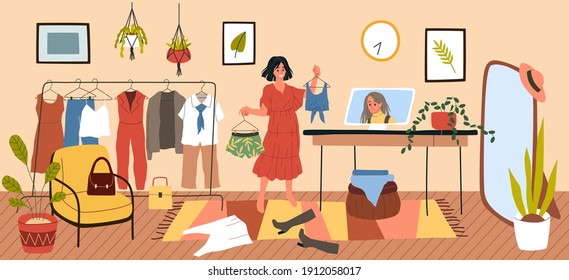 Estilista personal. Caricatura de mujer prueba ropa con consultora de moda en línea. El creador de imágenes ofrece recomendaciones y consejos para elegir prendas en casa. Guía del creador de estilos, ilustración vectorial