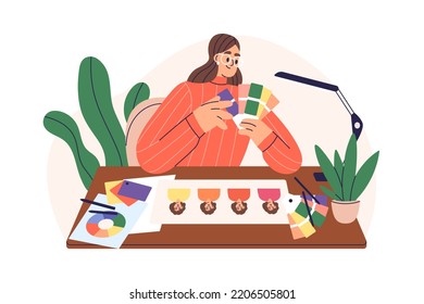 Personal stylist determining, analyzing color type. Complexion, appearance seasonal typology by face skin colour, image category, undertone. Flat vector illustration isolated on white background