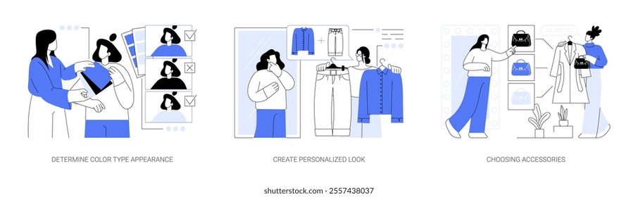 Personal stylist isolated cartoon vector illustrations set. Determine color type appearance, create personalized look, client in showroom, fashion designer choosing accessories vector cartoon.